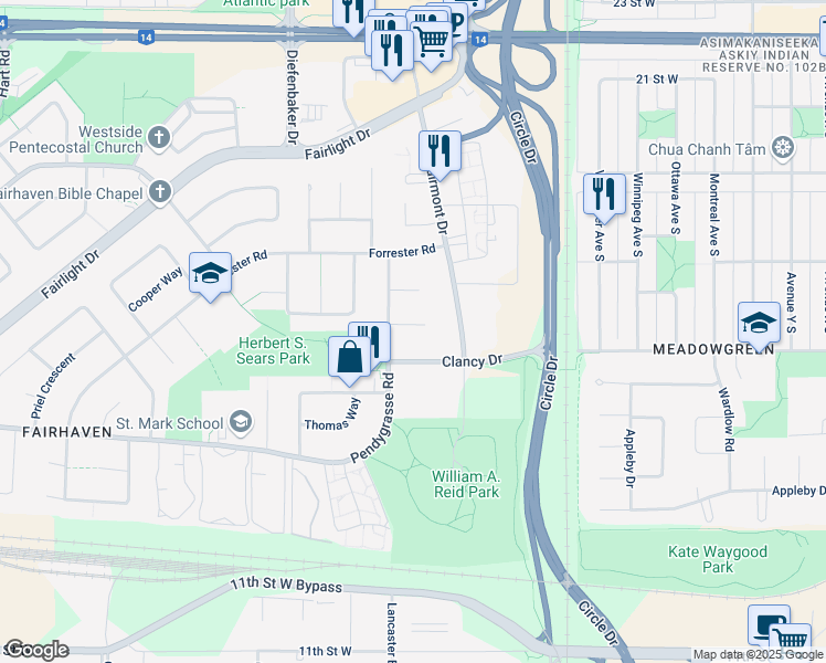 map of restaurants, bars, coffee shops, grocery stores, and more near 39 Crimp Place in Saskatoon