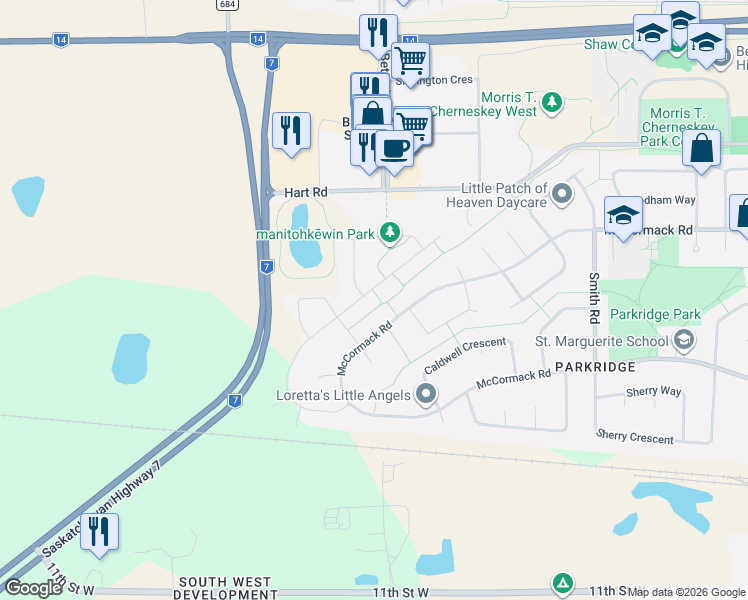 map of restaurants, bars, coffee shops, grocery stores, and more near 812 McCormack Road in Saskatoon