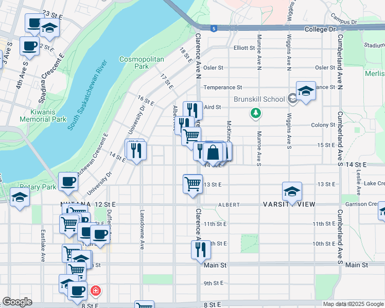 map of restaurants, bars, coffee shops, grocery stores, and more near 320 Clarence Avenue South in Saskatoon
