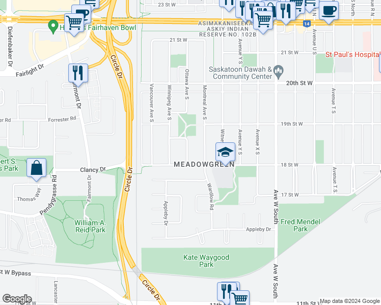 map of restaurants, bars, coffee shops, grocery stores, and more near 438 Ottawa Avenue South in Saskatoon