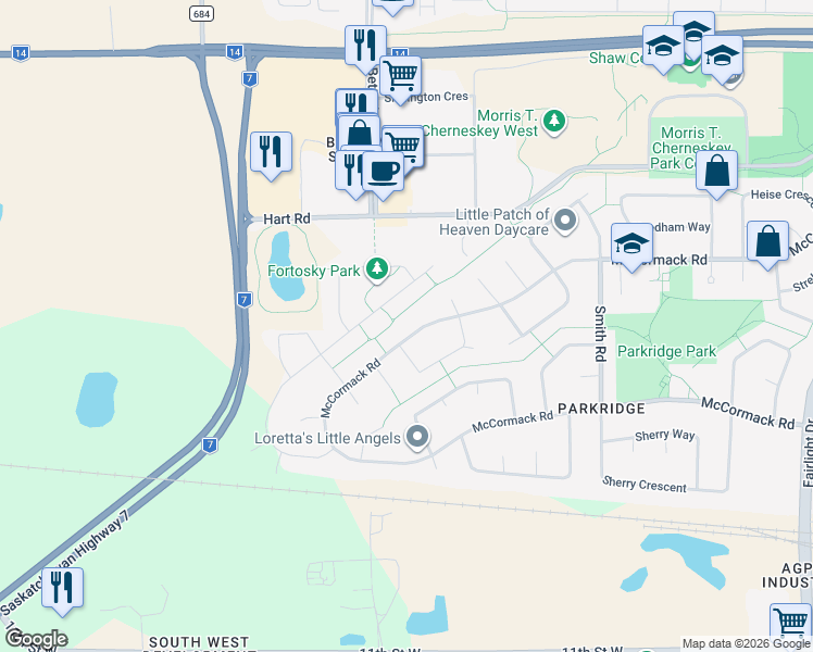 map of restaurants, bars, coffee shops, grocery stores, and more near 750 McCormack Road in Saskatoon