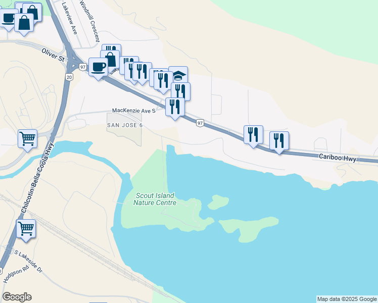 map of restaurants, bars, coffee shops, grocery stores, and more near 1397 Borland Road in Williams Lake