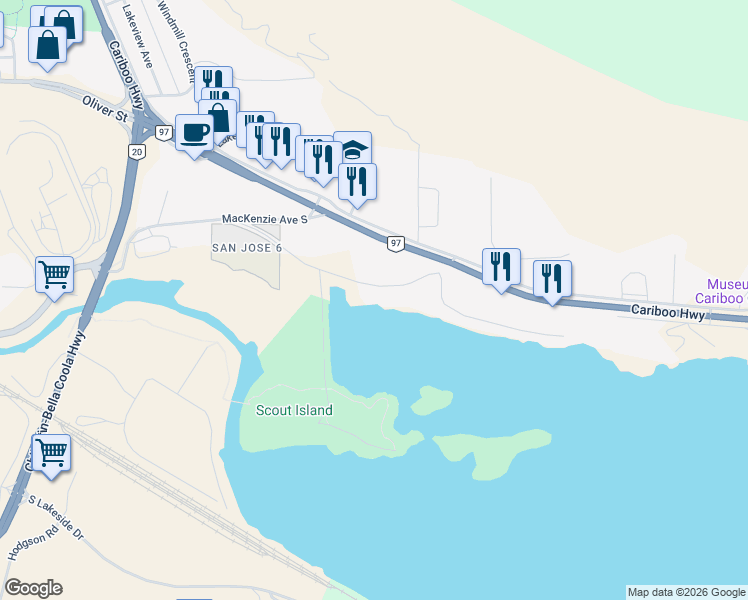map of restaurants, bars, coffee shops, grocery stores, and more near 1397 Borland Road in Williams Lake