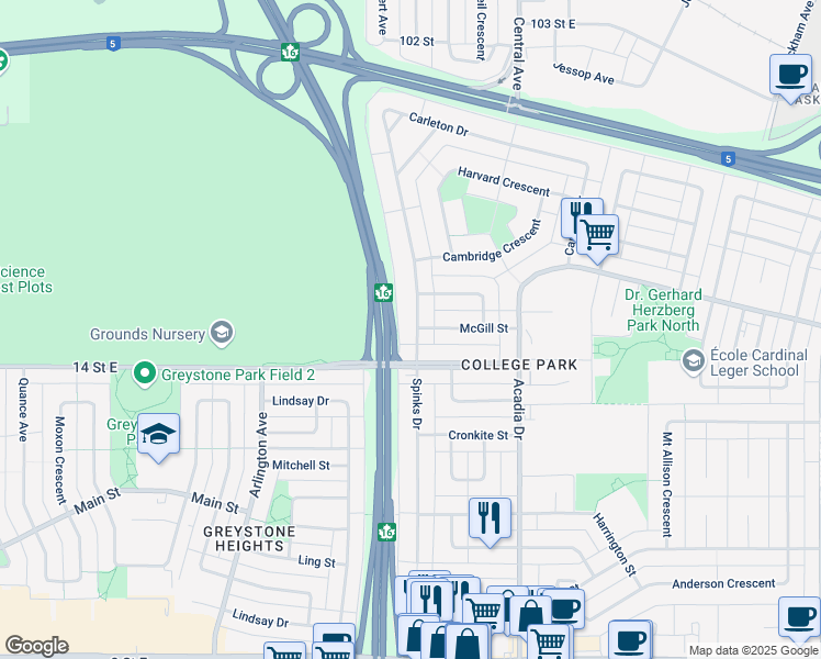 map of restaurants, bars, coffee shops, grocery stores, and more near 18 Carleton Drive in Saskatoon
