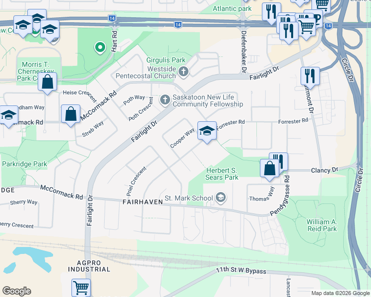 map of restaurants, bars, coffee shops, grocery stores, and more near 526 Forrester Road in Saskatoon