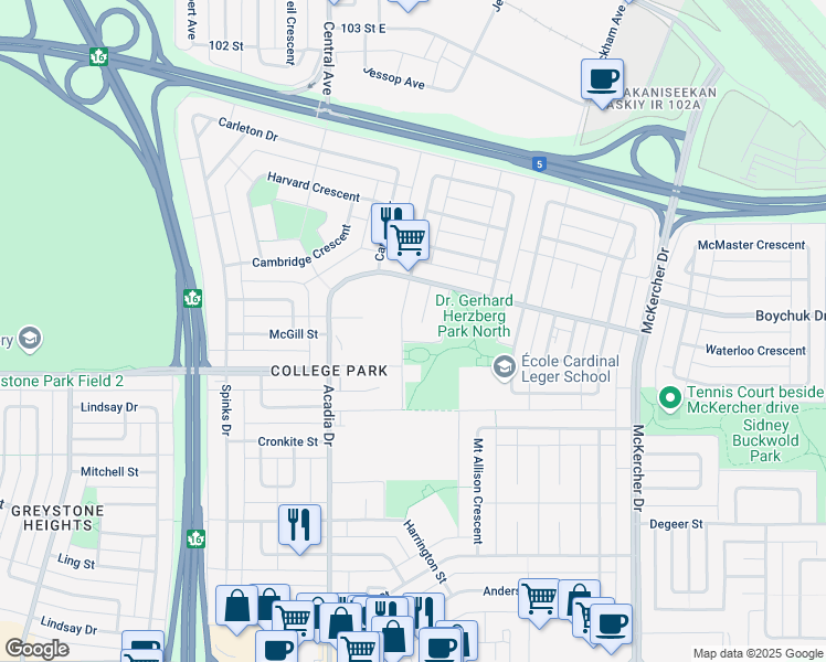 map of restaurants, bars, coffee shops, grocery stores, and more near 223 Acadia Place in Saskatoon