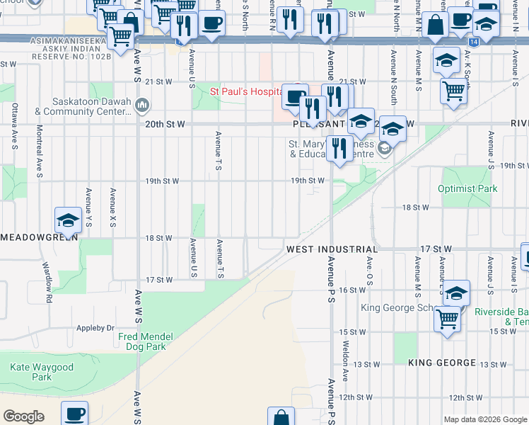 map of restaurants, bars, coffee shops, grocery stores, and more near in Saskatoon