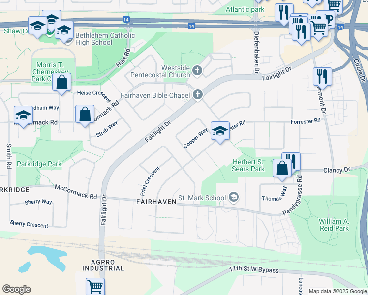 map of restaurants, bars, coffee shops, grocery stores, and more near Cooper Crescent in Saskatoon