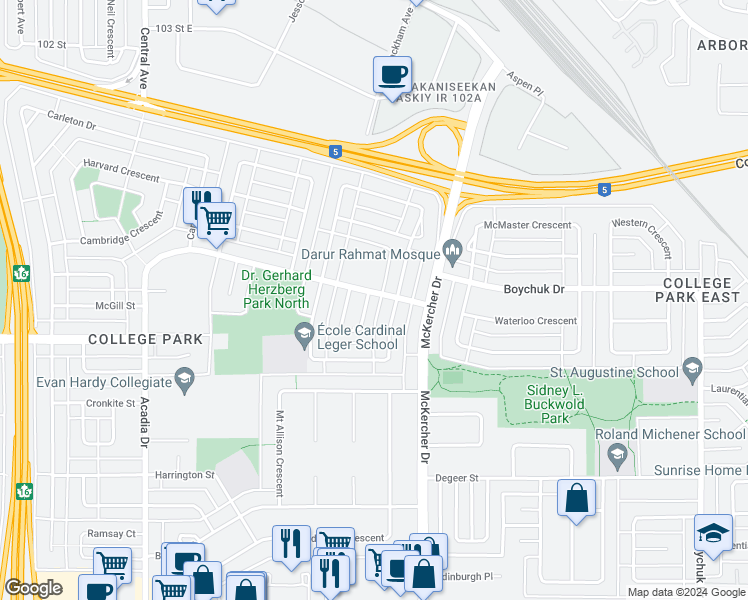 map of restaurants, bars, coffee shops, grocery stores, and more near 456 Simon Fraser Crescent in Saskatoon