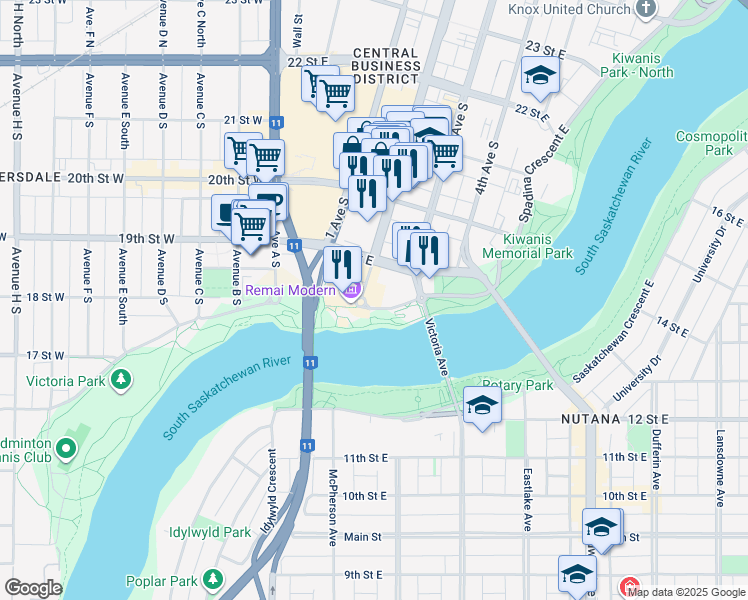map of restaurants, bars, coffee shops, grocery stores, and more near 490 2 Avenue South in Saskatoon