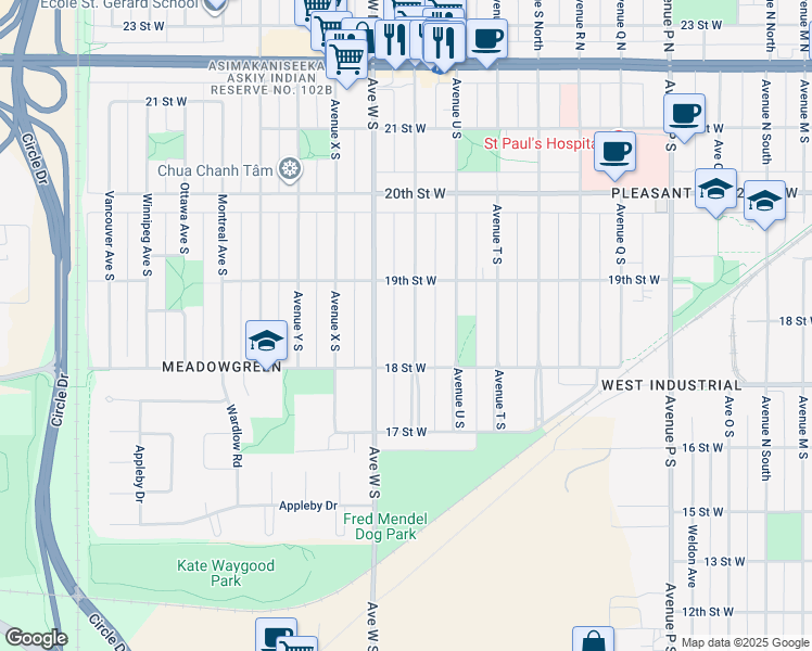 map of restaurants, bars, coffee shops, grocery stores, and more near 429 Avenue V South in Saskatoon