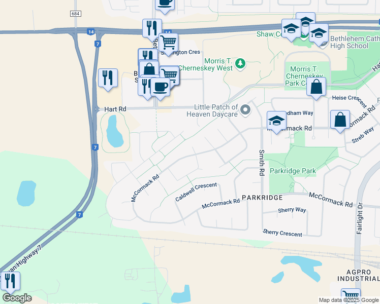 map of restaurants, bars, coffee shops, grocery stores, and more near 22 Cory Place in Saskatoon