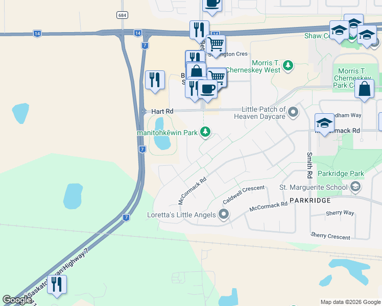 map of restaurants, bars, coffee shops, grocery stores, and more near 243 Fortosky Crescent in Saskatoon