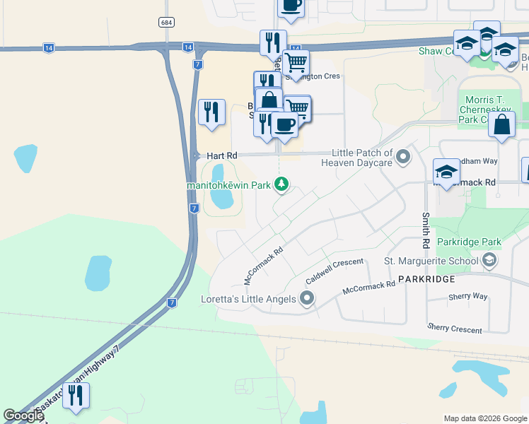 map of restaurants, bars, coffee shops, grocery stores, and more near 243 Fortosky Crescent in Saskatoon