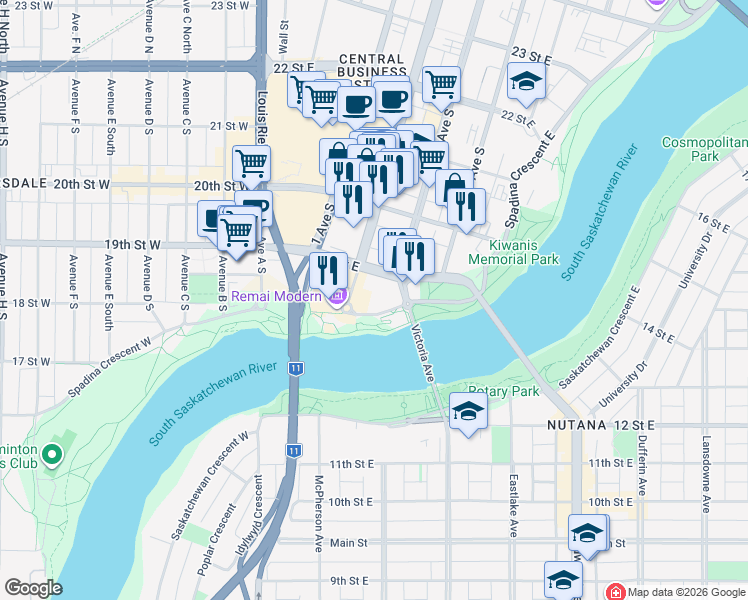 map of restaurants, bars, coffee shops, grocery stores, and more near 200 Spadina Crescent East in Saskatoon