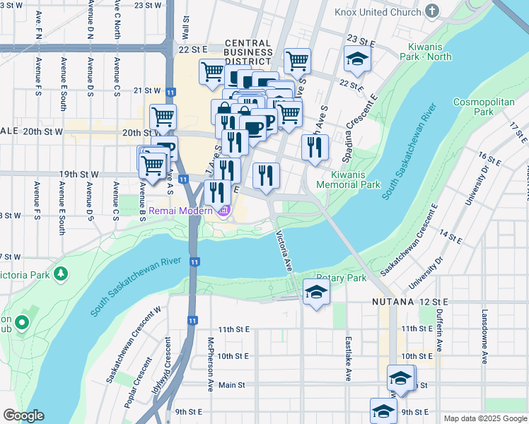 map of restaurants, bars, coffee shops, grocery stores, and more near 315 19 Street East in Saskatoon