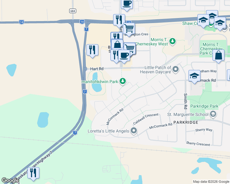 map of restaurants, bars, coffee shops, grocery stores, and more near 243 Fortosky Crescent in Saskatoon