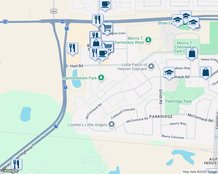 map of restaurants, bars, coffee shops, grocery stores, and more near 732 McCormack Road in Saskatoon