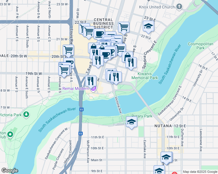 map of restaurants, bars, coffee shops, grocery stores, and more near 409 3 Avenue South in Saskatoon