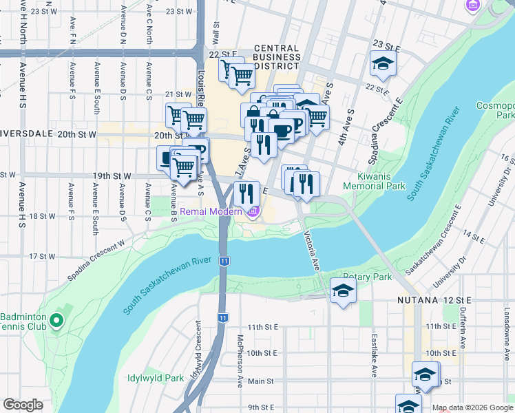 map of restaurants, bars, coffee shops, grocery stores, and more near 100 Saunders Place in Saskatoon