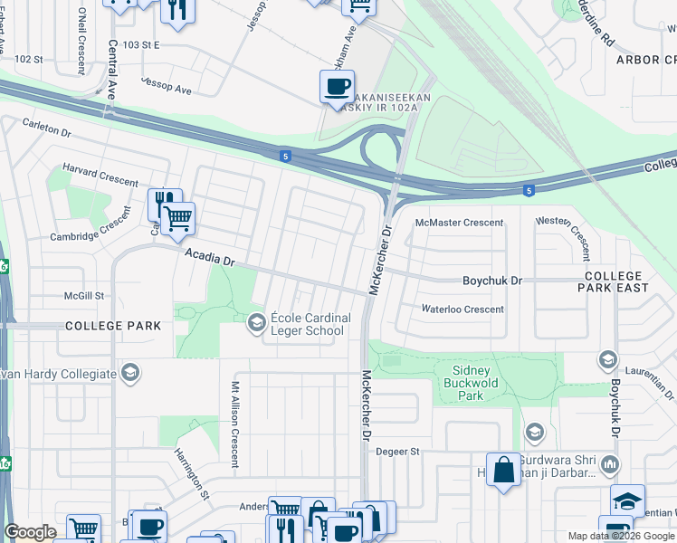 map of restaurants, bars, coffee shops, grocery stores, and more near 456 Simon Fraser Crescent in Saskatoon