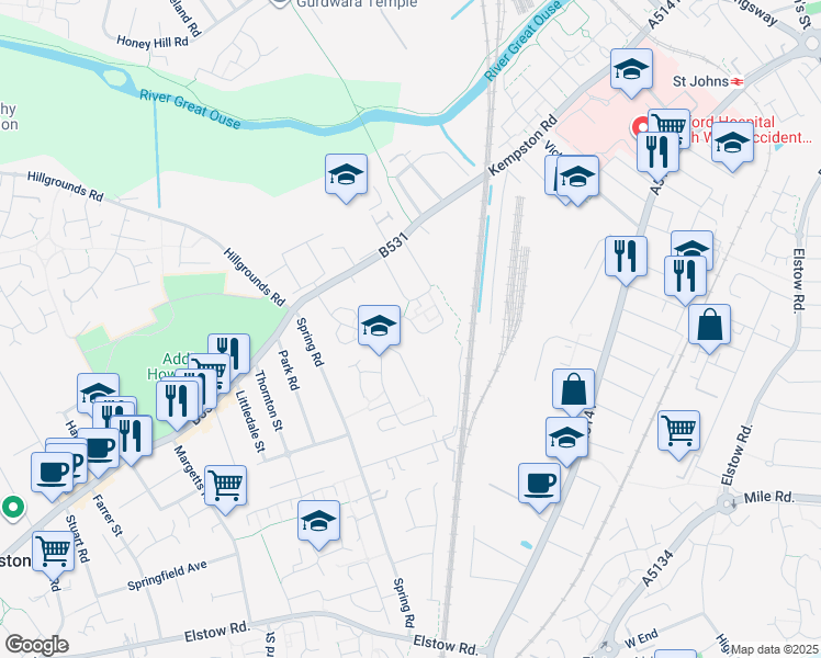 map of restaurants, bars, coffee shops, grocery stores, and more near Ryswick Road in Kempston