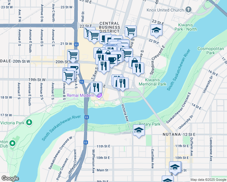 map of restaurants, bars, coffee shops, grocery stores, and more near 211 19 Street East in Saskatoon