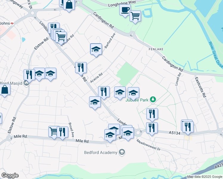 map of restaurants, bars, coffee shops, grocery stores, and more near Hazelwood Road in Bedford