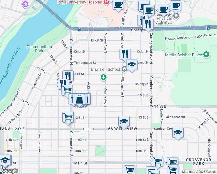 map of restaurants, bars, coffee shops, grocery stores, and more near 1204 Colony Street in Saskatoon