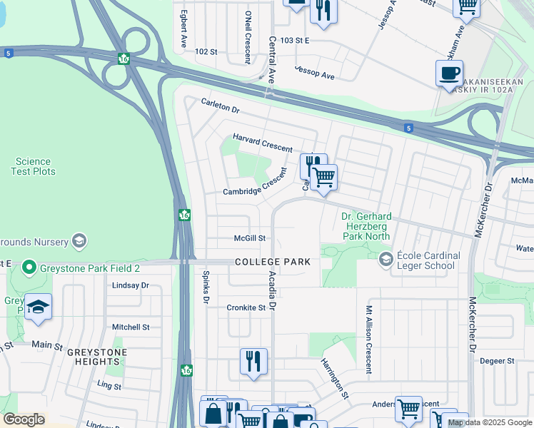map of restaurants, bars, coffee shops, grocery stores, and more near 338 Acadia Drive in Saskatoon