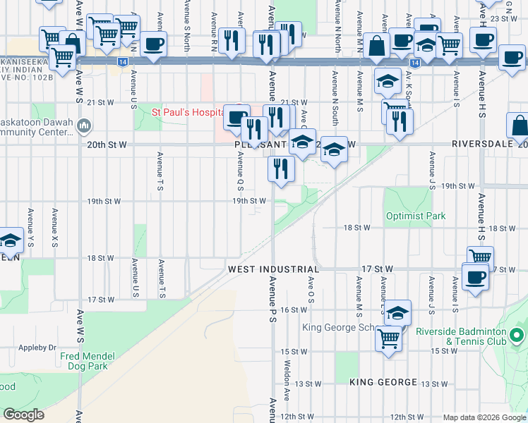 map of restaurants, bars, coffee shops, grocery stores, and more near 411 Avenue P South in Saskatoon