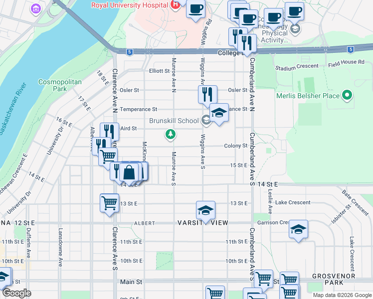 map of restaurants, bars, coffee shops, grocery stores, and more near 1204 Colony Street in Saskatoon
