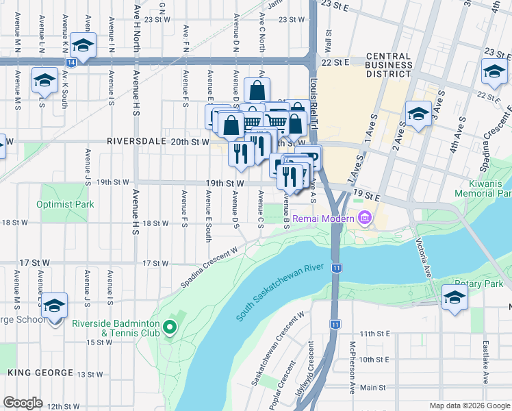 map of restaurants, bars, coffee shops, grocery stores, and more near 423 Avenue C South in Saskatoon
