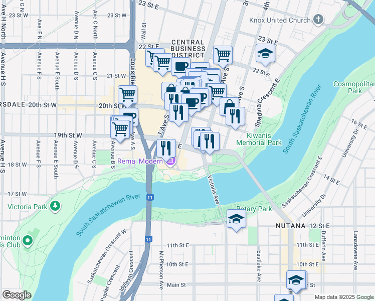 map of restaurants, bars, coffee shops, grocery stores, and more near 315 19 Street East in Saskatoon