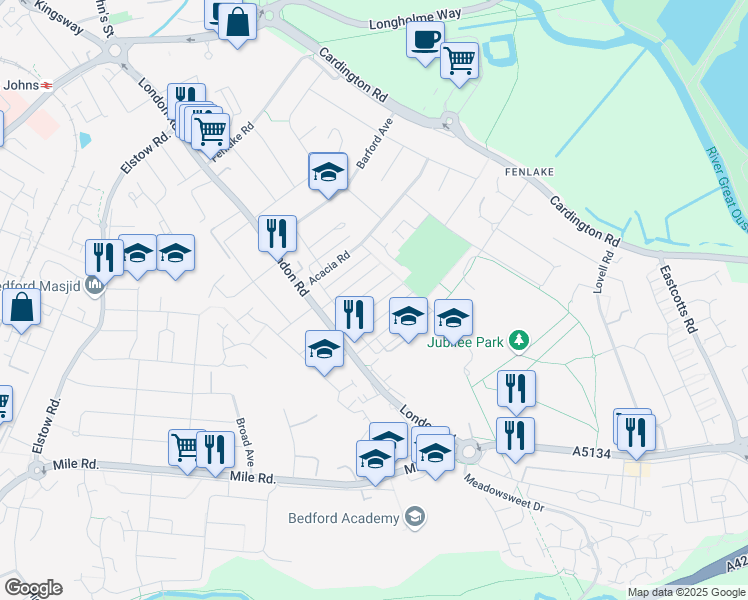 map of restaurants, bars, coffee shops, grocery stores, and more near Hazelwood Road in Bedford