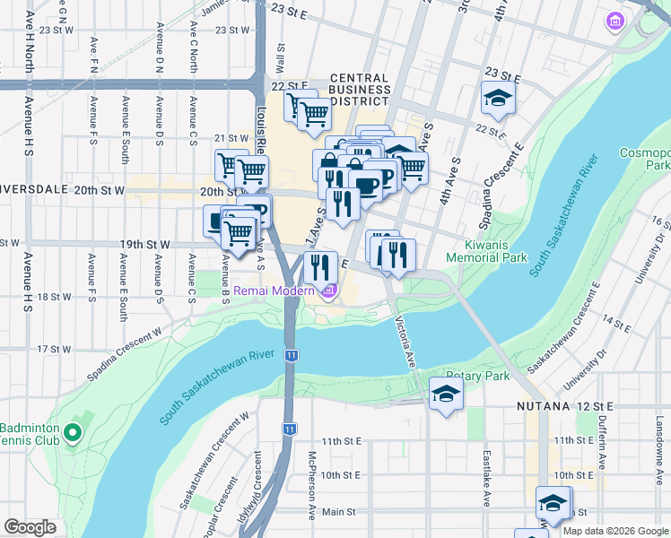map of restaurants, bars, coffee shops, grocery stores, and more near 100 Saunders Place in Saskatoon