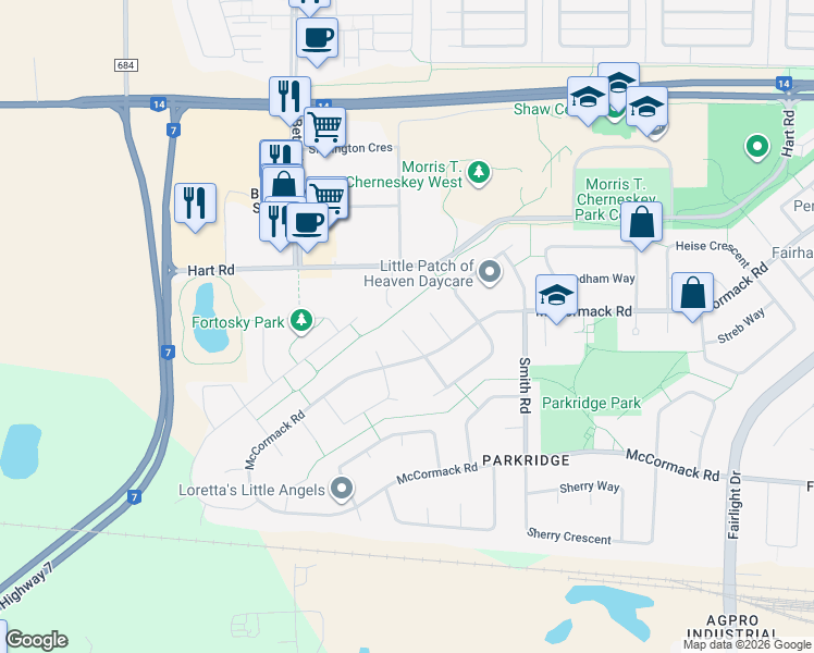 map of restaurants, bars, coffee shops, grocery stores, and more near 138 Strumm Terrace in Saskatoon