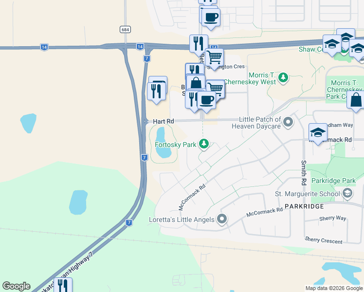 map of restaurants, bars, coffee shops, grocery stores, and more near 243 Fortosky Crescent in Saskatoon