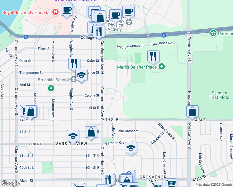 map of restaurants, bars, coffee shops, grocery stores, and more near 103 Cumberland Avenue South in Saskatoon