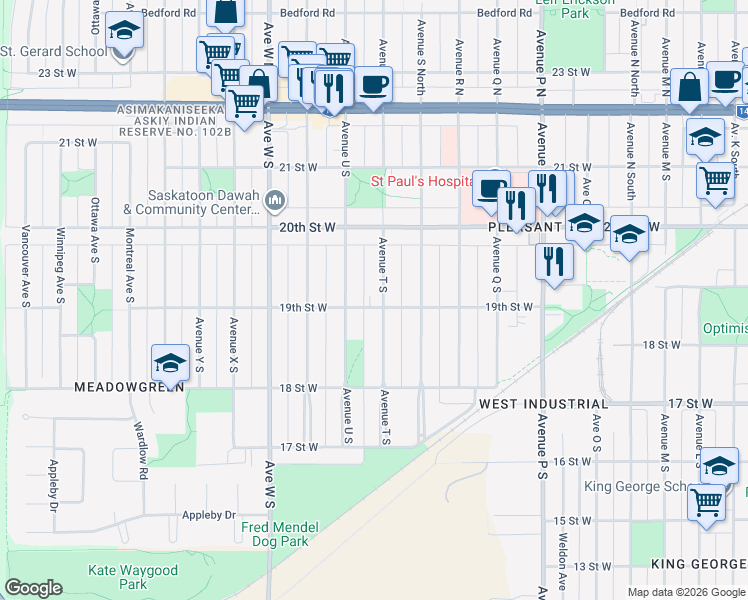 map of restaurants, bars, coffee shops, grocery stores, and more near 355 Avenue T South in Saskatoon