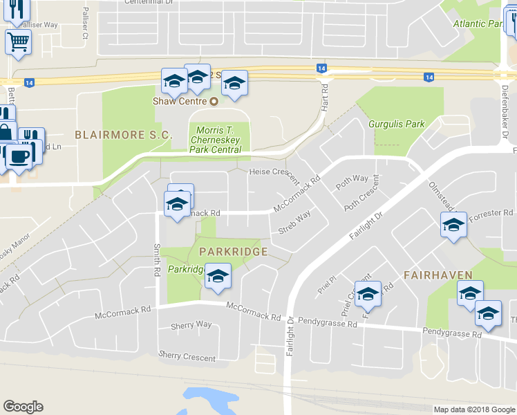 map of restaurants, bars, coffee shops, grocery stores, and more near 350 McCormack Road in Saskatoon