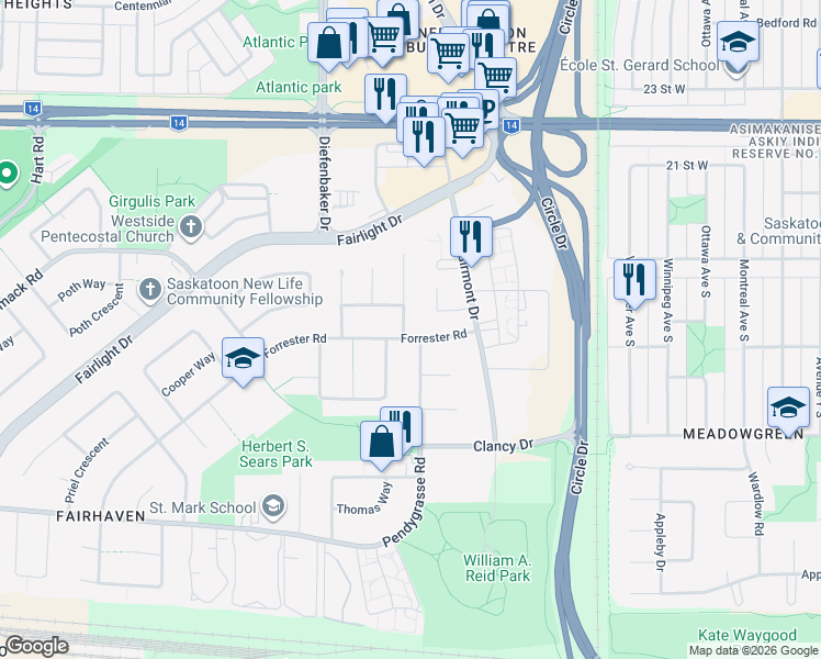 map of restaurants, bars, coffee shops, grocery stores, and more near 102 Stone Crescent in Saskatoon