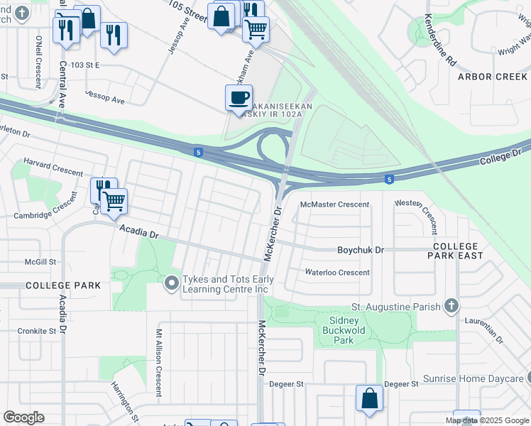 map of restaurants, bars, coffee shops, grocery stores, and more near 421 Simon Fraser Crescent in Saskatoon