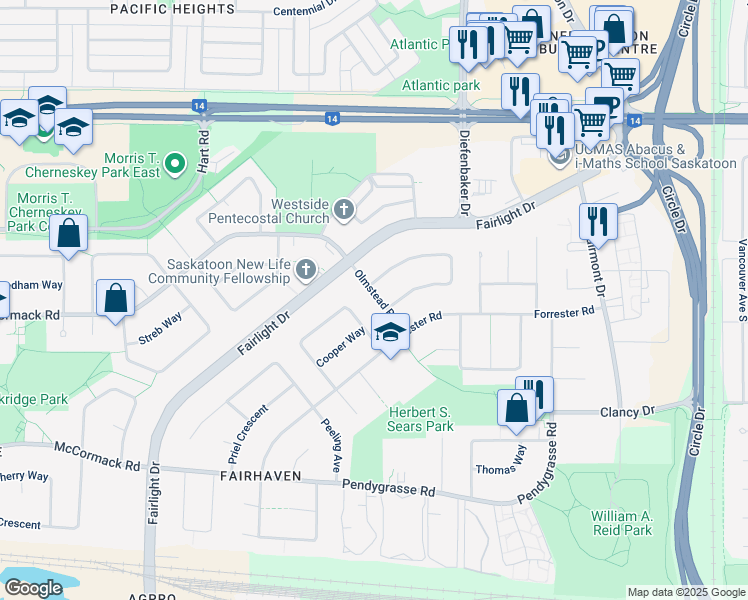 map of restaurants, bars, coffee shops, grocery stores, and more near 107 Olmstead Road in Saskatoon