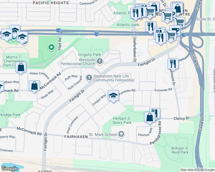 map of restaurants, bars, coffee shops, grocery stores, and more near 107 Olmstead Road in Saskatoon