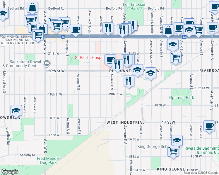 map of restaurants, bars, coffee shops, grocery stores, and more near 339 Avenue Q South in Saskatoon
