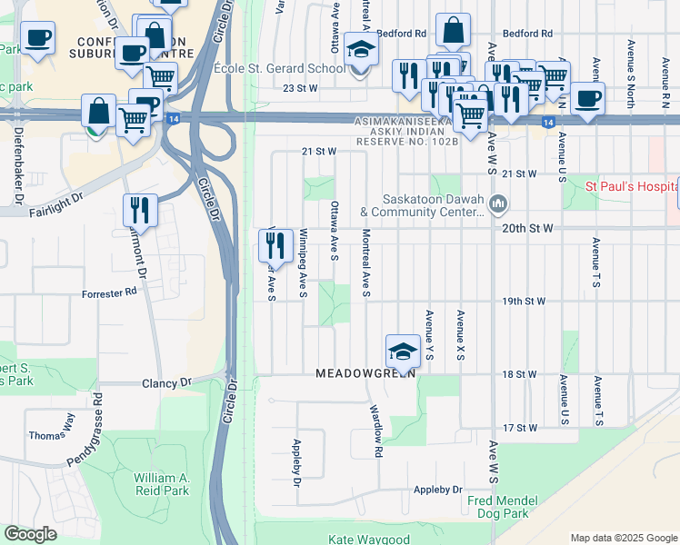 map of restaurants, bars, coffee shops, grocery stores, and more near 332 Ottawa Avenue South in Saskatoon