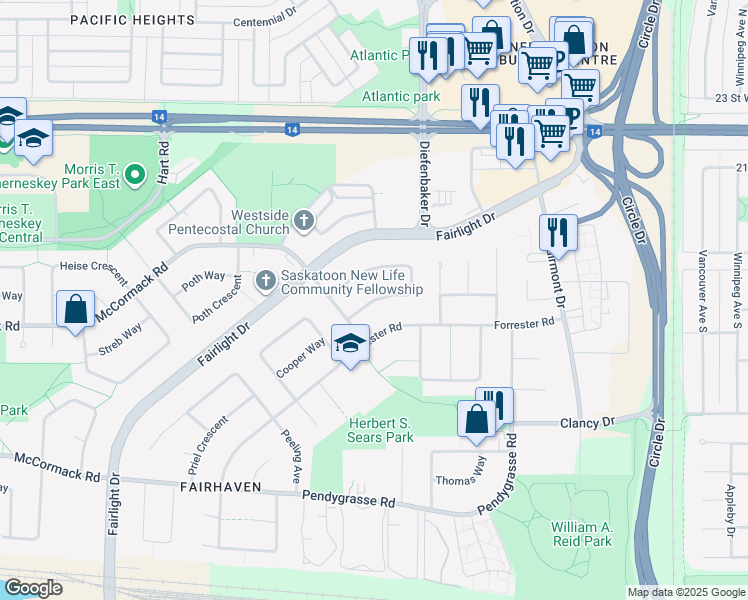 map of restaurants, bars, coffee shops, grocery stores, and more near Galbraith Crescent in Saskatoon
