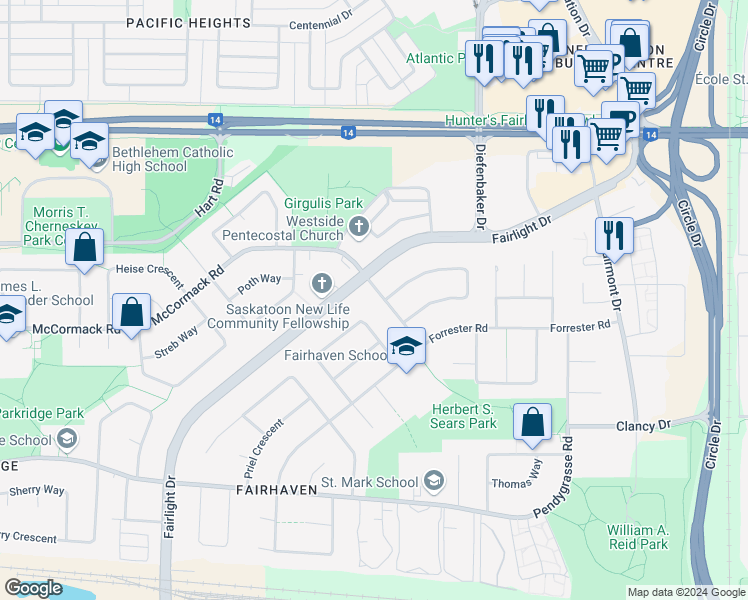 map of restaurants, bars, coffee shops, grocery stores, and more near 107 Olmstead Road in Saskatoon