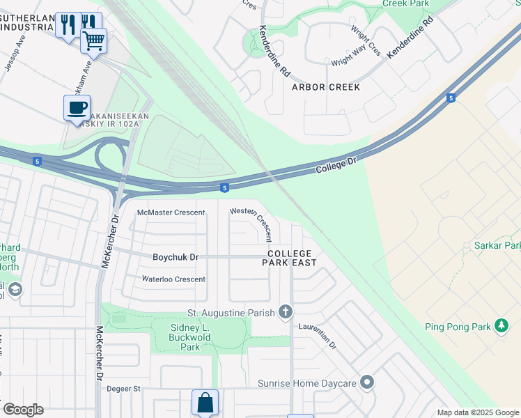 map of restaurants, bars, coffee shops, grocery stores, and more near 245 Western Crescent in Saskatoon